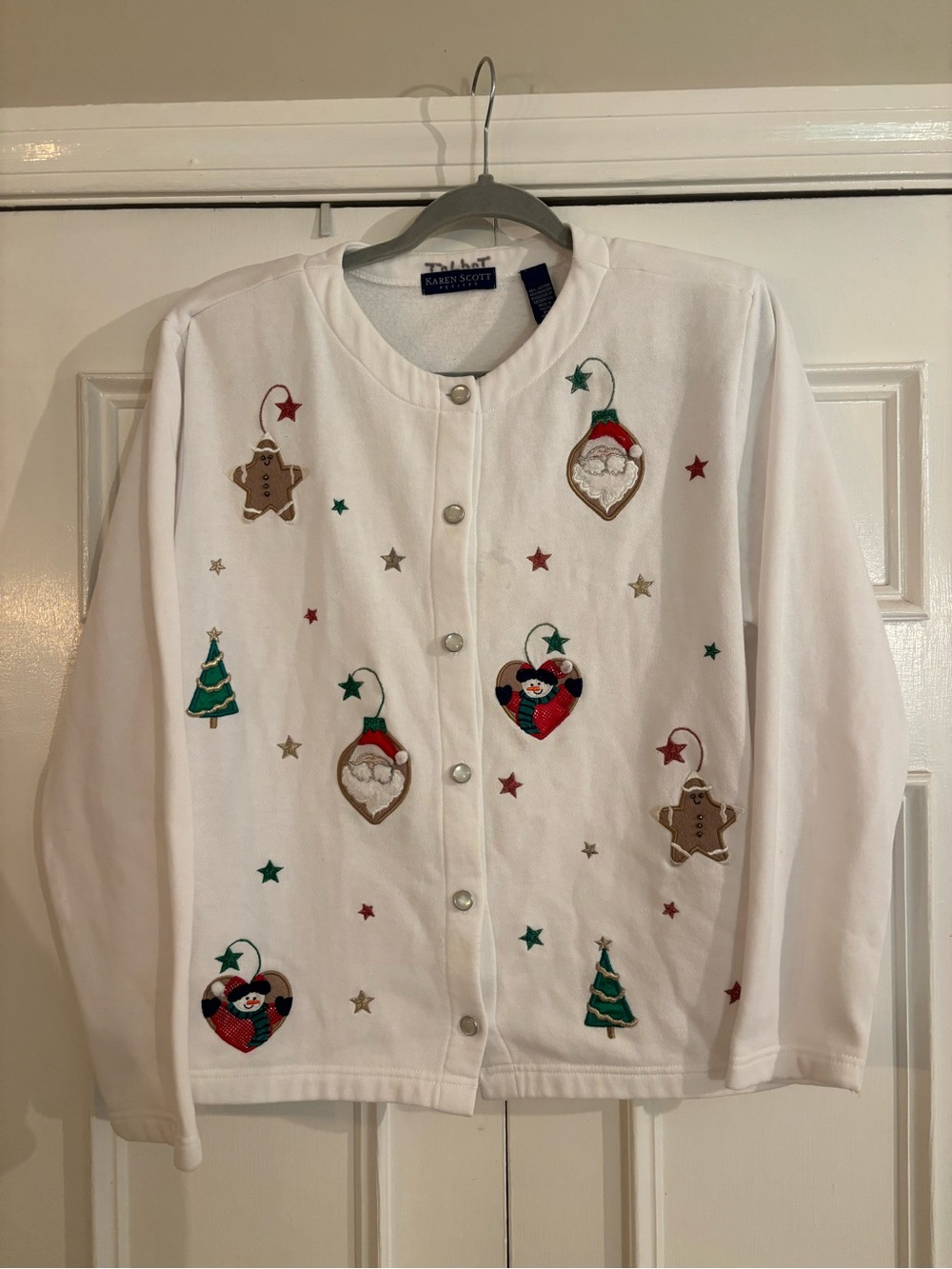 Vintage Karen Scott White Winter Holiday Button Front Fleece Cardigan Size PL